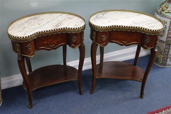 A pair of Louis XVI style kidney shaped marble top tables, W.59cm